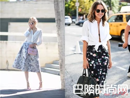 衬衫搭配印花裙_2017开春就用衬衫+裙子 时髦又有女人味！