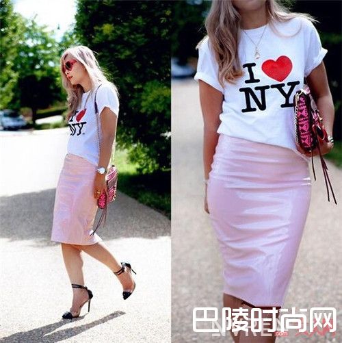 T恤+铅笔裙怎么搭配完美曲线_2017夏天T恤配半裙：这样穿清凉又显瘦！