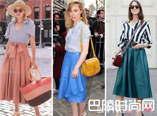 条纹衬衫+明艳的下装_今夏我最潮 4组告别路人感让你时髦一夏