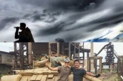 彭于晏探班吴京携带四箱水果 两人四处合影上演最萌肤色差 