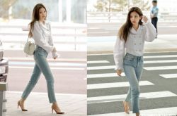 韩女团Jennie小香衬衫搭牛仔裤很时尚