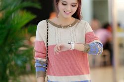 韩版V领撞色毛衣 宽松短款套头毛衣显瘦拼色落肩袖毛衣高领纯色针织毛衣定制套头落肩袖毛衣