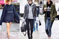 连帽衫配皮夹克 连帽衫配长大衣连帽衫配牛仔外套连帽衫配棒球帽连帽衫配破洞牛仔裤连帽衫配长靴连帽衫配九分裤 连帽衫配短裤 连帽衫配小短裙