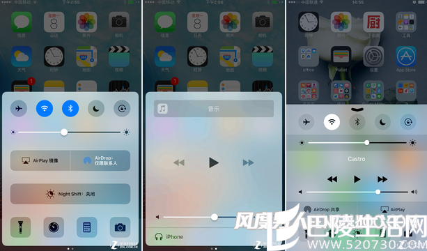 上滑控制中心(左、中)采用了全新的卡片式浮框设计(右侧为iOS9，供对比参考)
