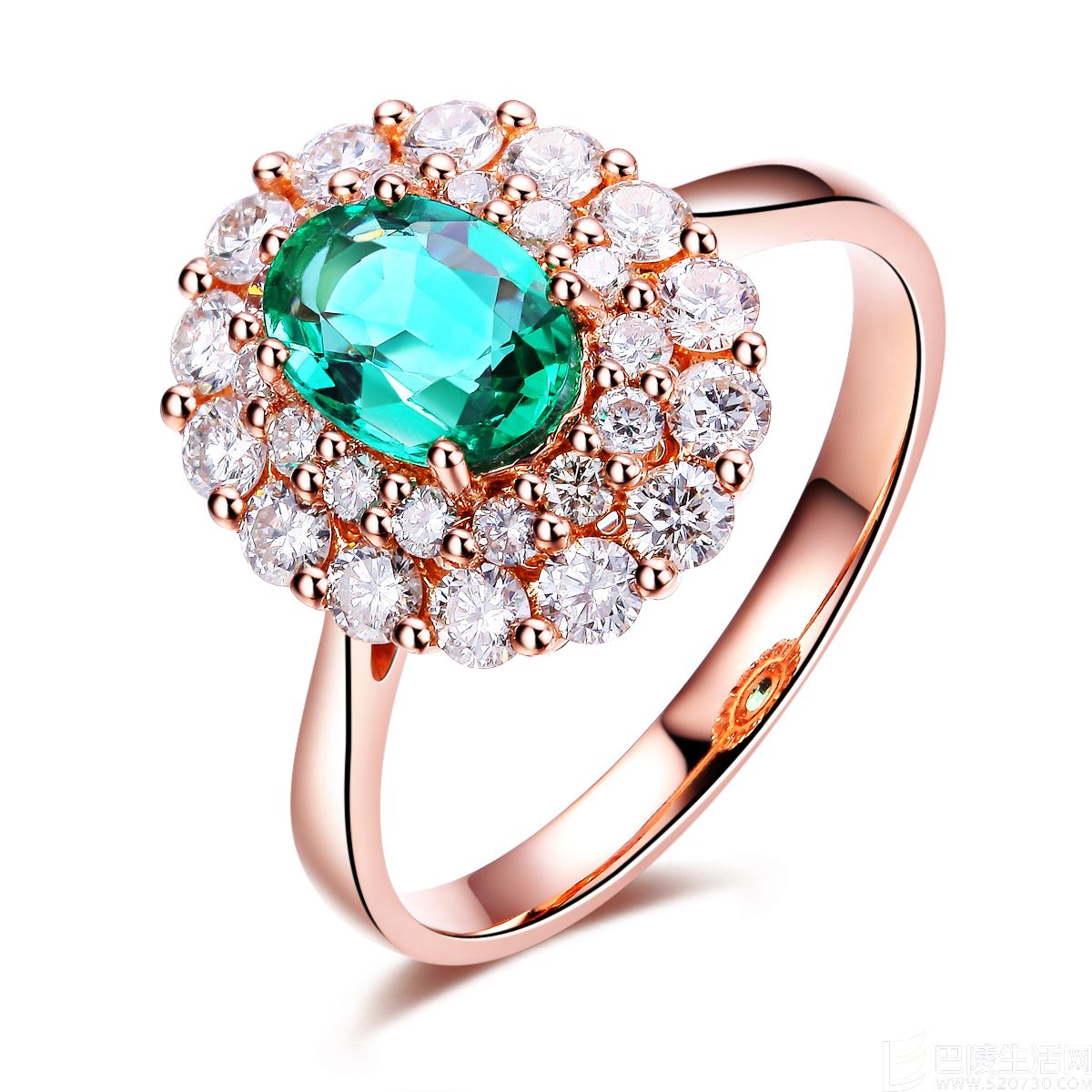 》》点击进入【爱的生命】 玫瑰18K金天然祖母绿镶钻女戒