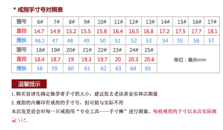 老庙黄金戒指尺寸对照表
