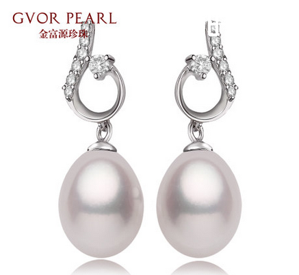 金富源珍珠 天然淡水珍珠耳环 正品8-8.5mm 强光 925银